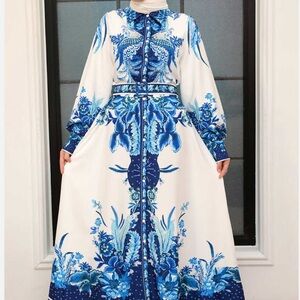 Elegant Blue and White Floral Maxi Dress